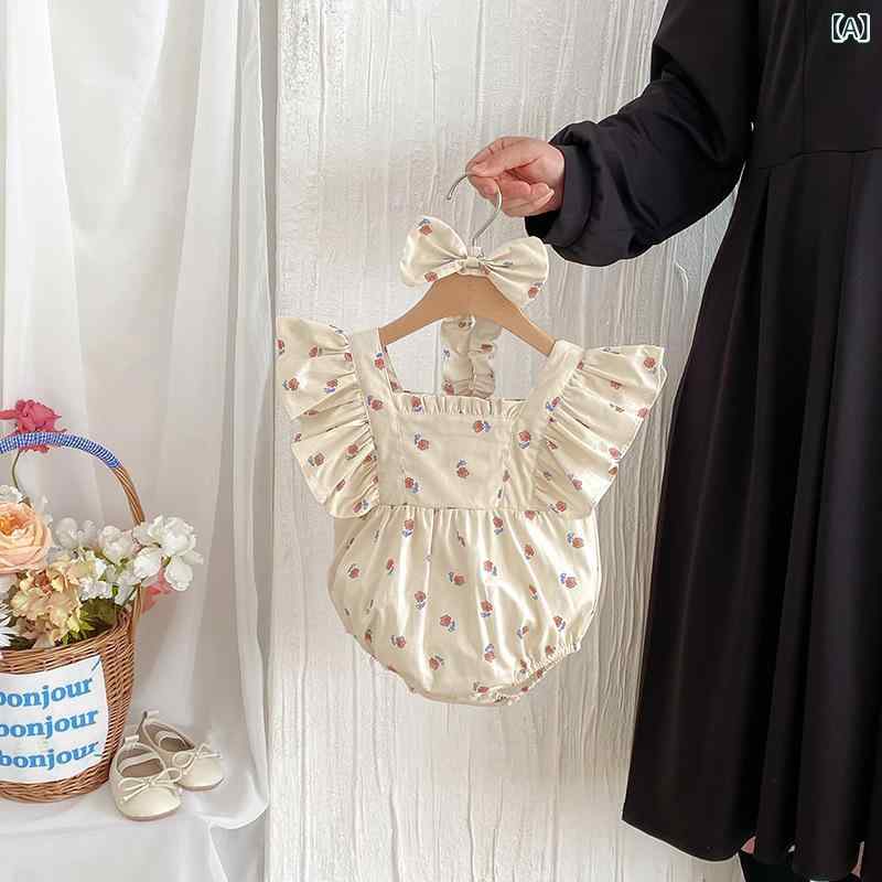 女児 連体服 女の子 ベビー 夏 ワンピース 花柄 フリル 綿100 薄手 短袖 かわいい プリンセス 爬服 セット 姉妹 コーデ 萌え柄 ピンク系 アイボリー 通気性 吸湿速乾 伸縮性 普段使い