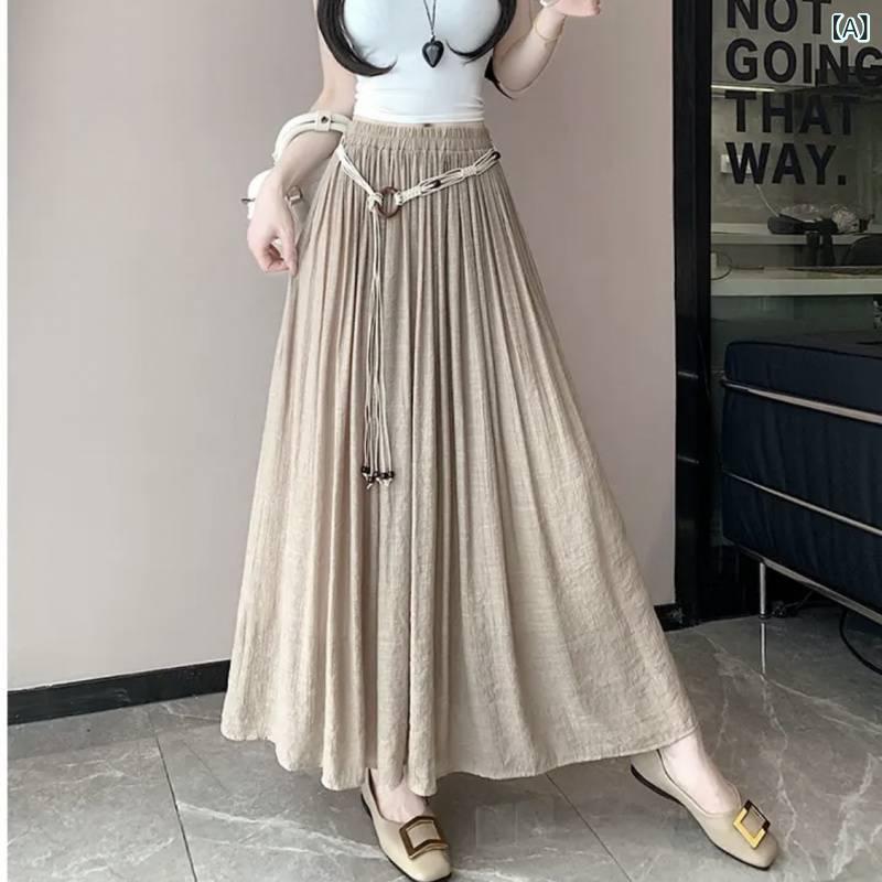 樂天商城 - ロングスカート 女性用 半身スカート Aライン 高腰 コットン コットン混 麻混 ゆったり大振り 長丈 夏 接触冷感 通勤 普段使い 気質 都市 カジュアル ベーシック かき色 ブラック 杏色 ピンク ホワイト ブルー
