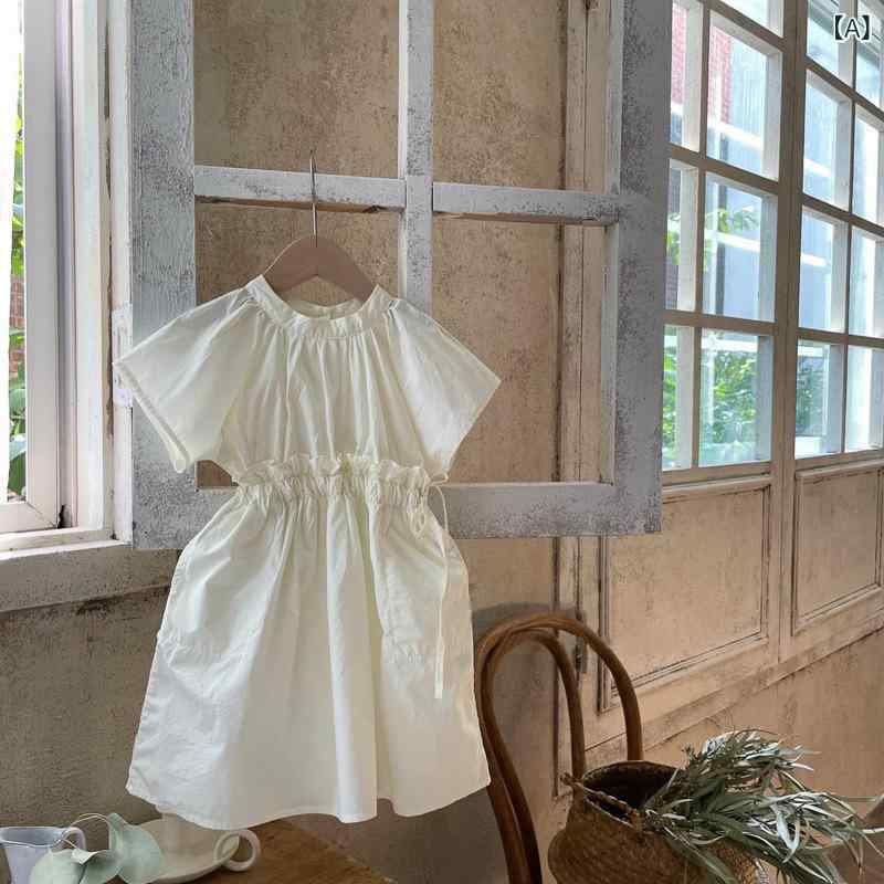 樂天商城 - 女児 ワンピース 女の子 ベビー 夏 春夏 綿 接触冷感 純色 荷葉袖 フリル袖 绑带 プリンセス スカート A字 短袖 かわいい ピンク 米白 柔軟 軽量 伸縮性 普段使い 部屋着 通園 ピンク系 アイボリー