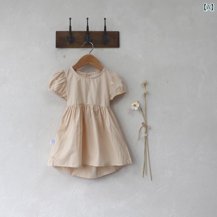 Overalls - 女児 ワンピース キッズ 女の子 ベビー 春夏 夏 プリンセス スカート 泡泡袖 背中開き 短袖 綿 柔らか 薄手 接触冷感 かわいい 杏色 紫色 通学 普段使い 軽量 伸縮性 プリント柄