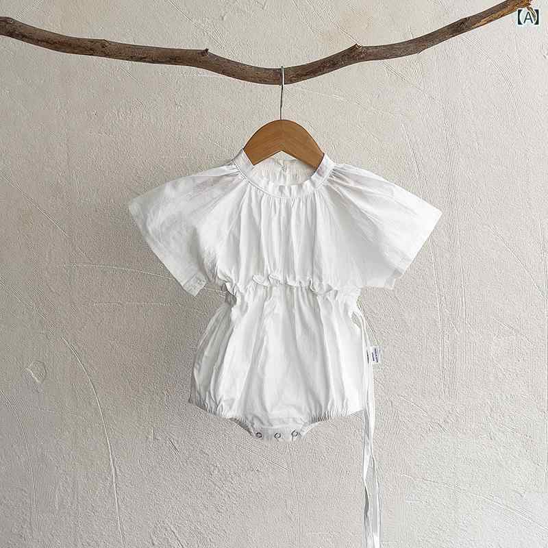 ベビー 女の子 ワンピース 連体服 爬服 荷葉袖 短袖 绑帯 夏 綿 接触冷感 米白 ピ...