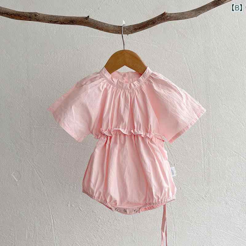 ベビー 女の子 ワンピース 連体服 爬服 荷葉袖 短袖 绑帯 夏 綿 接触冷感 米白 ピ...
