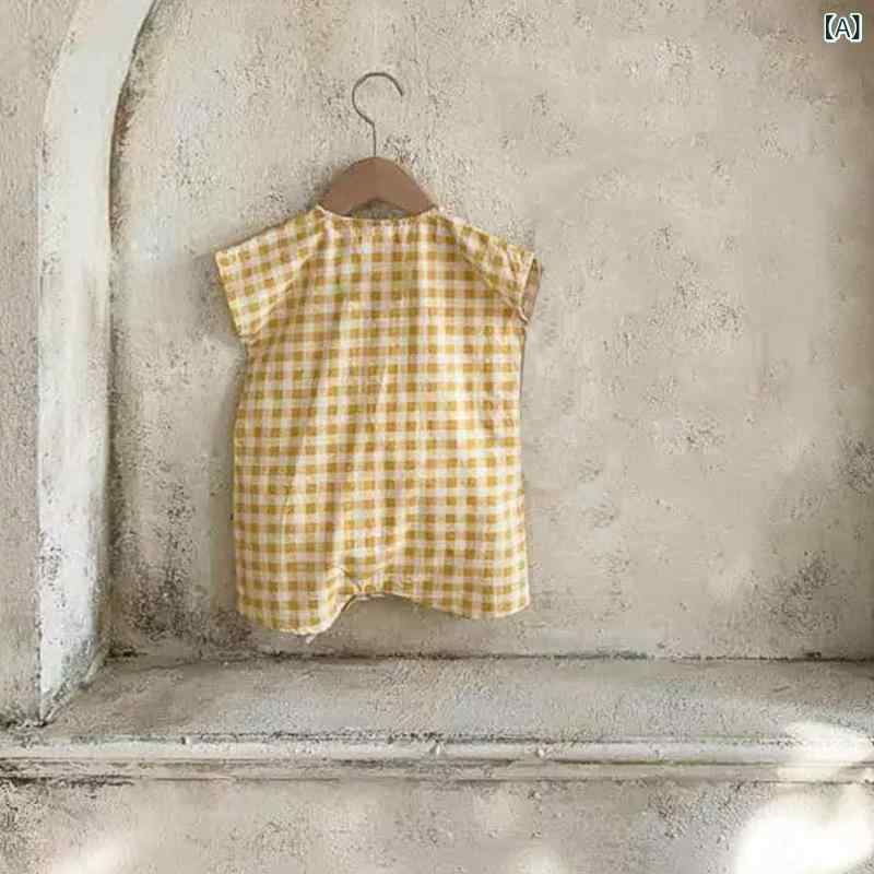 Other - ベビー 男女兼用 無袖 薄手 コットン 連体服 爬服 3粒ボタン 夏 秋 イエローチェック ブラック水玉 新生児 赤ちゃん 伸縮性 通気性 個性派 短めスタイル 66cm 73cm 80cm 90cm