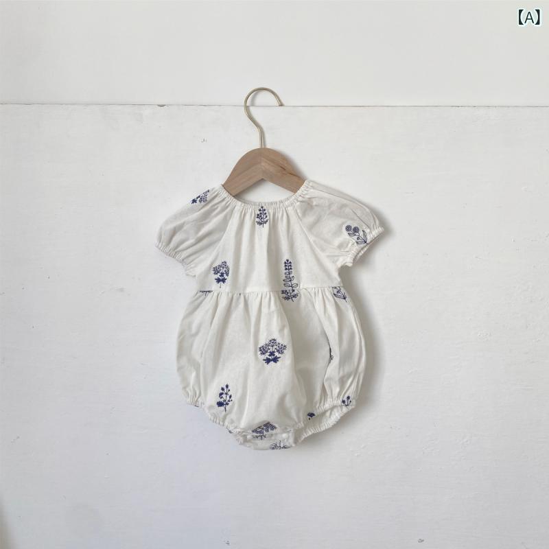 Other - ベビー 女の子 夏 連体服 爬行服 トップス 復古 刺繍 泡泡袖 短袖 綿 100% 素色 切り替え Aクラス 安全 薄手 軽量 かわいい 浅杏 カラーバリエ 66cm 73cm 80cm 90cm 1〜3歳
