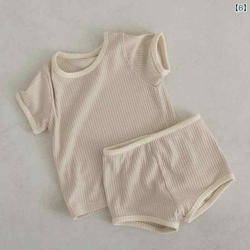 narukiのベビー 男女兼用 短袖 夏服 セット トップス 短パン 綿 ピンストライプ 薄手 柔らかい 接触冷感 アイボリー 杏色 イエロー パープル 春夏 部屋着 普段使い｜アングル2