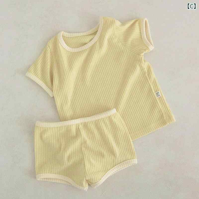 narukiのベビー 男女兼用 短袖 夏服 セット トップス 短パン 綿 ピンストライプ 薄手 柔らかい 接触冷感 アイボリー 杏色 イエロー パープル 春夏 部屋着 普段使い｜アングル3