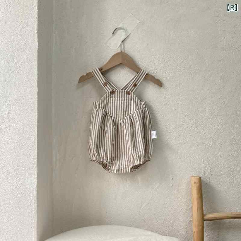 ベビー 男女兼用 夏 秋 綿 短袖 粗条紋 背広 ロンパース 包おむつ 外出 這い這い服...