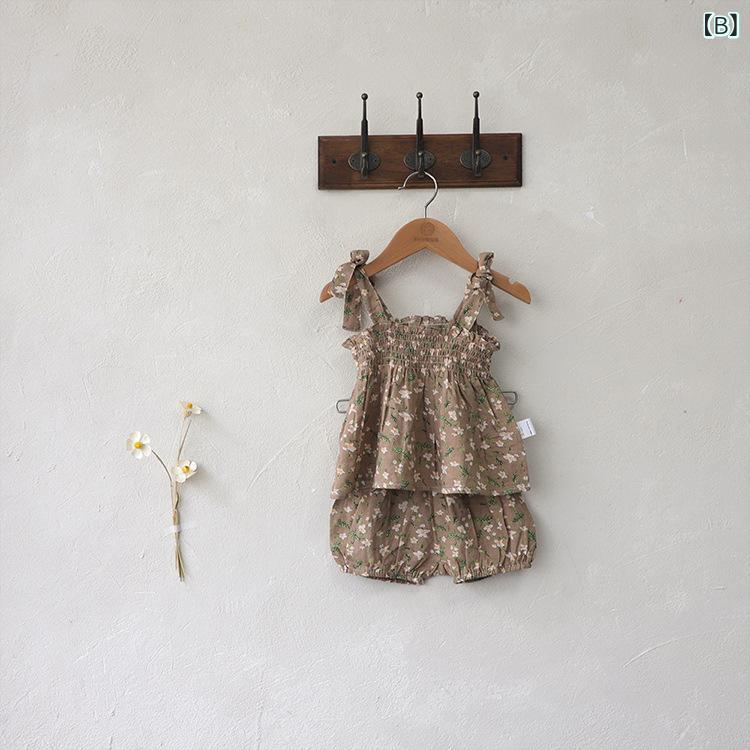 narukiの女児服 女の子 ベビー 夏 セットアップ 吊りスカート ショートパンツ 薄手 綿 柔らか素材 透気性 通気性 ノースリーブ 短パン 浅緑 ライトグリーン 浅カラー かわいい 柄物 1-3歳 80-100cm｜アングル2