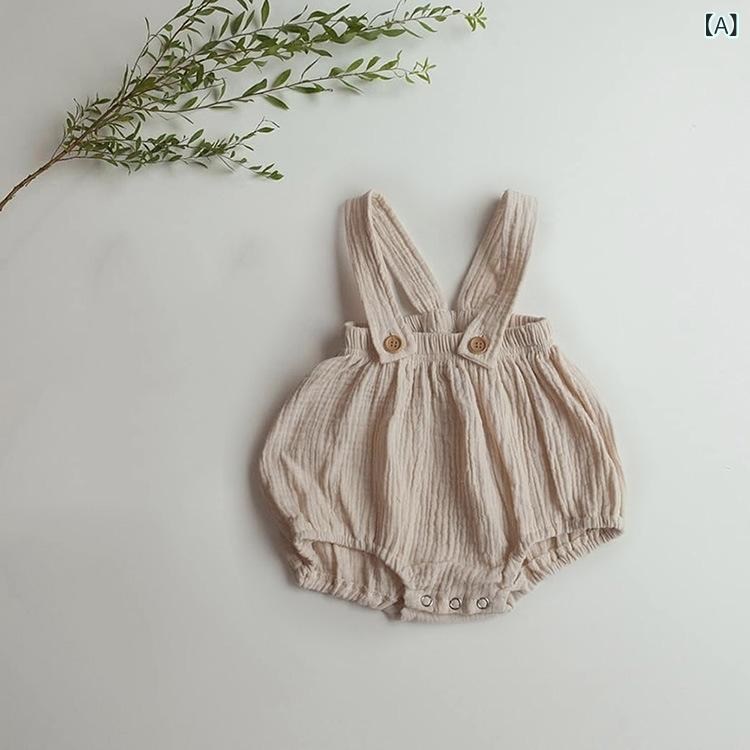 Overalls - ベビー 麻棉 背带裤 連体裤 夏 薄手 透気 爬行服 新生児用 吊り帯 短パン 高腰 綿95 柔らか素材 男女兼用 杏色 深咖色 接触冷感 吸湿速乾