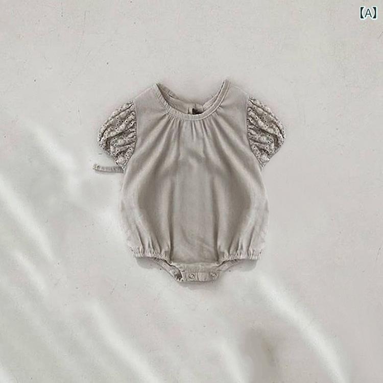 ベビー 連体衣 男女兼用 夏用 綿素材 短袖 泡泡袖 刺繍 薄手 接触冷感 三角型 森ガ...