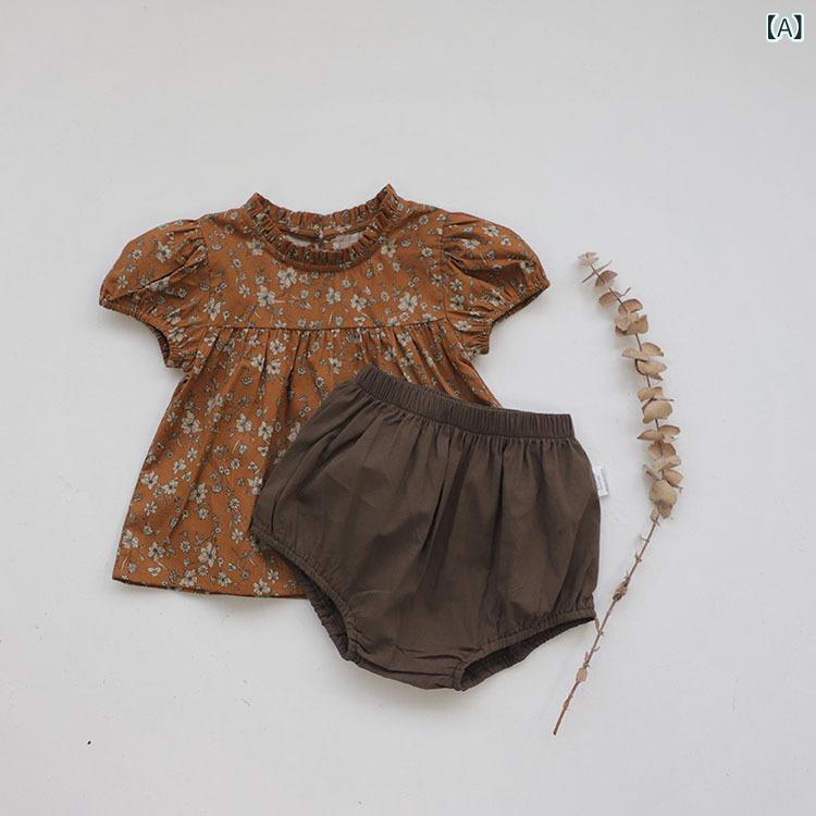 Overalls - 女児 夏季 セットアップ ベビー 麻 綿 小花柄 トップス ショートパンツ 短袖 薄手 柔らか素材 花柄 田園 かわいい ブラウン 浅杏色 73-100cm