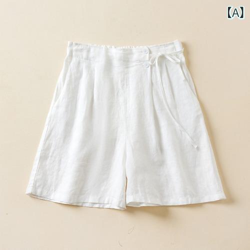 T-Shirts - ショートパンツ レディース 夏 綿麻 接触冷感 高腰 Aライン 紐調整 ワイドレッグ 薄手 軽量 通勤 普段使い かわいい 百搭 ホワイト ブラック レッド オレンジ グリーン カーキ ベージュ M L XL 2XL 3XL