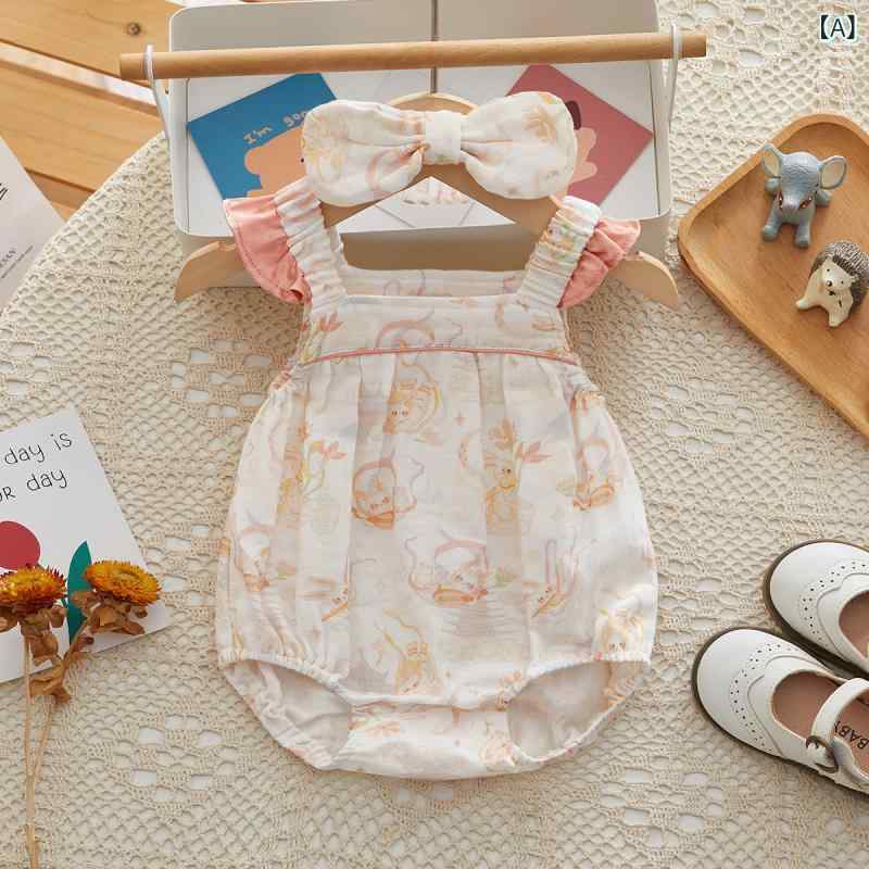 ベビー 女の子 夏 連体服 爬行服 三角パンツ 薄手 綿 接触冷感 短袖 杏色 かわいい 新生児 66cm 73cm 80cm 90cm 通気性 軽量