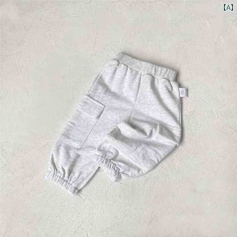 Overalls - キッズ 男女兼用 工装パンツ 大ポケット 束脚 綿 柔らか素材 多袋 長ズボン 中腰 ゴムウエスト 春夏秋 ユニセックス ベビー 幼児 ゆったり 普段使い 純色 花灰 米色 浅咖色 深灰色 73cm 80cm 90cm 100cm