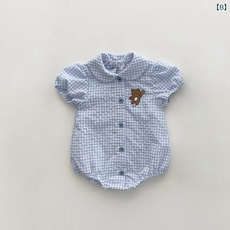 narukiのベビー 男女兼用 春夏 短袖 綿 接触冷感 かわいい クマ刺繍 格子柄 丸首 三角爬 連体服 爬行服 包おむつ 部屋着 普段使い 通気性 伸縮性 軽量 ハイネック ビッグシルエット 黄白 ブルーアイボリー｜アングル2