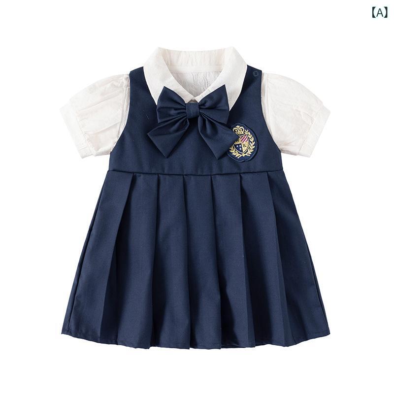 Other - 女児 ワンピース プリンセスドレス 学院風 3点セット 夏 短袖 コットン 薄手 プリーツ 蝶結び 肩扣 シングルボタン ブルー かわいい 子供服 礼服 セットアップ 軽やか 涼しい 通学 普段使い