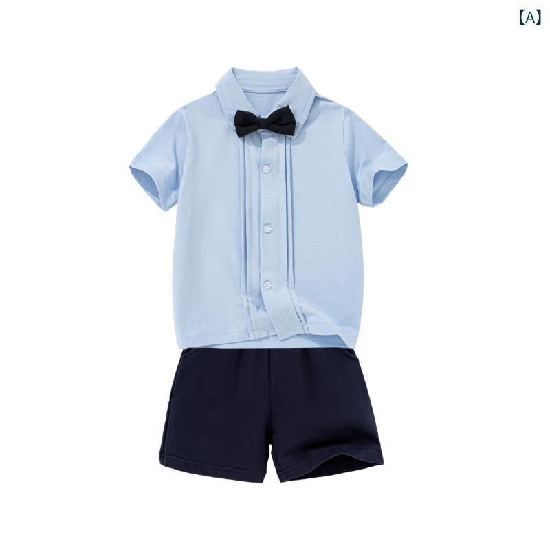 Coverall - キッズ 男の子 礼服 セット 英倫スタイル 百褶 リボン タイ 短袖 シャツ 短パン 綿 薄手 柔らかい 生地 純色 夏 春夏 通気性 吸湿速乾 フォーマル 普段使い 3〜8歳 100〜140cm かわいい 紳士的 礼装 セットアップ ベビー 子供服 セ