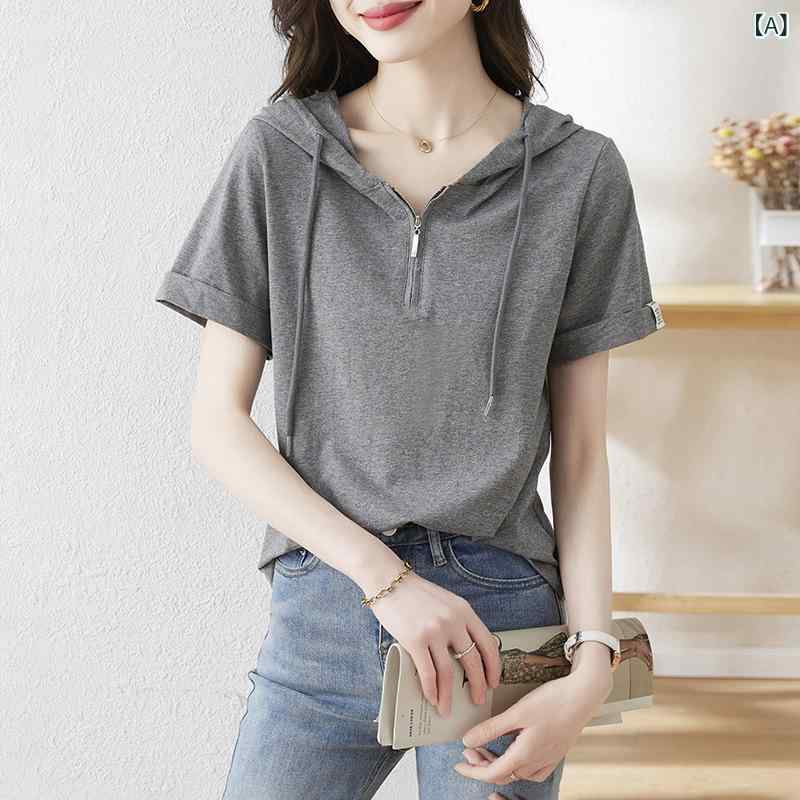 樂天商城 - Tシャツ 女性用 夏 連帽 短袖 ゆったり ルーズ セットインスリーブ 綿混 ポリエステル 速乾 透気性 ドローコード セットアップ プルオーバー シンプル 無地 グレー 気質 日常使い カジュアル デイリー