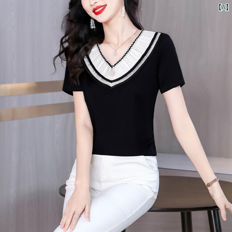 Tシャツ 女性用 夏 ブラック Vネック 切り替え 短袖 トップス 綿混 ポリエステル 気質 通勤 普段使い かわいい スリム ビッグサイズ 立体装飾 セットアップ スタンダードシルエット