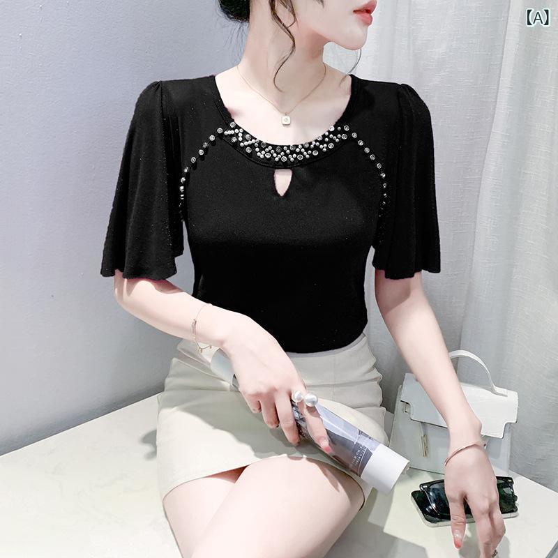 乐天商城 - Tシャツ 女性用 夏 短袖 セットアップ 丸首 網ヤーン レースアップ 切り替え ビーズ刺繍 パフスリーブ ブラック レッド パープル 気品 通勤 涼感 軽量 伸縮性 ポリエステル 吸湿速乾 プルオーバー トップス ブラウス カットソー チュニック ビッ