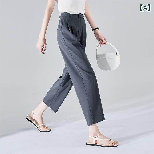 樂天商城 - レディース ワイドパンツ 九分丈 西装パンツ 高腰 薄手 春夏 灰色 ブラック ベージュ ポリエステル 接触冷感 通勤 気質 快適 休闲 基本款 クロッチ