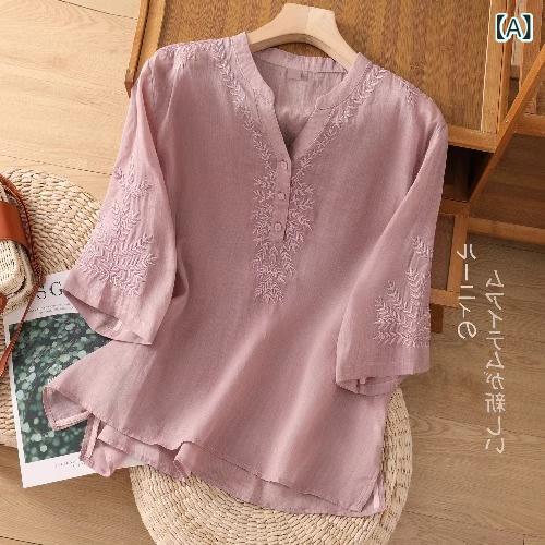Tシャツ レディース 中高年 女性用 綿麻 刺繍 花柄 植物柄 五分袖 Vネック シャツ袖 ボタン ゆったり ワイドシルエット 普通丈 通勤 普段使い 気品 優雅 軽量 通気性 浅紫 ブラック ピンク系 夏 春夏