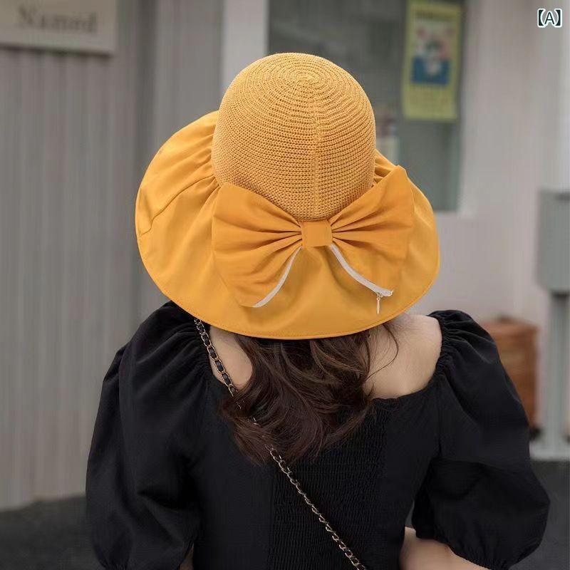 For Women - レディース 夏 遮陽帽 フィッシャーマン 折りたたみ 黒膠 大つば UVカット 防紫外線 ポリエステル かわいい プリンセス 韓国風 休暇 リゾート 調整可能 ポニーテール対応 黄色 ピンク ベージュ カーキ ブラック 水バケツハット 貝殻 ダブルフェイ