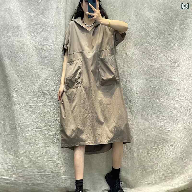 Rakuten - ワンピース レディース 連帽 短袖 中長丈 Aライン 春夏 綿麻 再生繊維 接触冷感 切り替え セットインスリーブ ゆったり腰回り セットアップ プルオーバー グラデーションカラー グレー系 ブラック ピンク系 かわいい 復古 ルーズフィット ビッグシル