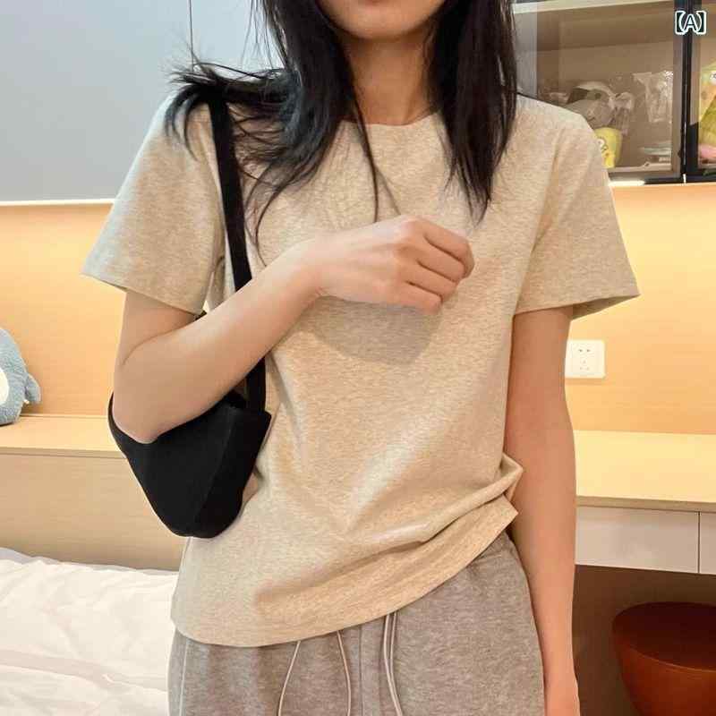 樂天商城 - Tシャツ レディース 短袖 トップス 綿 スパンデックス 切り替え 丸首 ゆったり 修身 細見え 基礎 レイヤード 春夏 グレー ホワイト ブラック 日韓 カジュアル 普段使い 吸湿速乾 伸縮性 通勤 休日