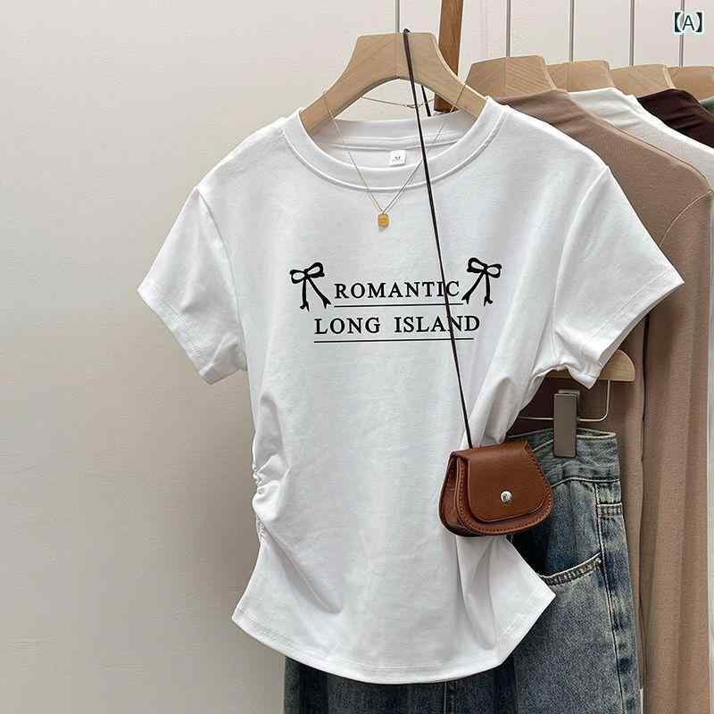 Tシャツ レディース 短袖 丸首 修身 綿 アニメ 蝶結び 日韓 気質 春夏 白 グレー ブラック 普段使い カジュアル トップス 上衣 切り替え 吸湿速乾 伸縮性 軽量 デザイン 復古 肩正 セットインスリーブ