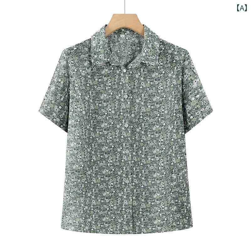 Blouses - シャツ レディース 中高年 夏 純棉 短袖 翻領 トップス 薄手 緑 紺 紫 気質 通勤 通勤用 ポケット 綿95 吸湿速乾 軽量 ゆったり 大きいサイズ 普段使い 優雅 シンプル
