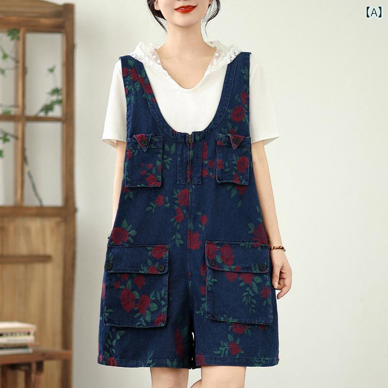 ショートパンツ 女性用 夏 薄手 デニム 背広風 吊りスカートパンツ ワイドレッグ ジャンプスーツ 織り柄 ゆったり腰回り 微弾性 深紺 ライトリー ヴィンテージ リラックス カジュアルパンツ デニム生地 95% 提花加工 普段使い 軽量 伸縮性 ストリ
