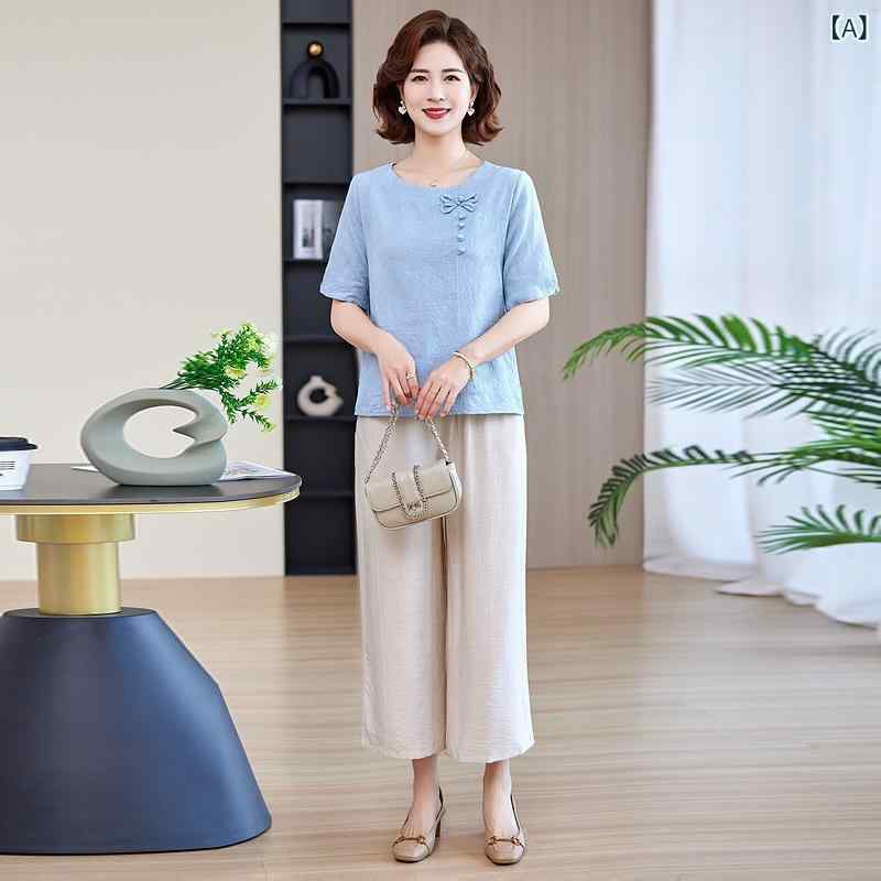 Rakuten - ママスーツ レディース 夏 セットアップ 中高年女性 短袖 綿 Tシャツ トップス ワイドパンツ 九分丈 ゆったり 薄手 セット ブルー グリーン 赤 ベージュ 組み合わせ 気質 優雅 普段使い 吸湿速乾 通勤 カジュアル