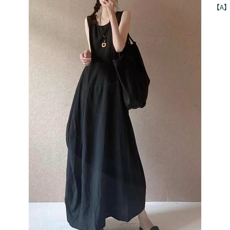 ワンピース レディース 夏 接触冷感 綿麻 切り替え ロング ブラック ピンク系 アイボリー 丸首 ノースリーブ Aライン 中長丈 ゆったり スリム かわいい 復古 花柄 セットアップ トップス スカート 単品 吸湿速乾 軽量 普段使い