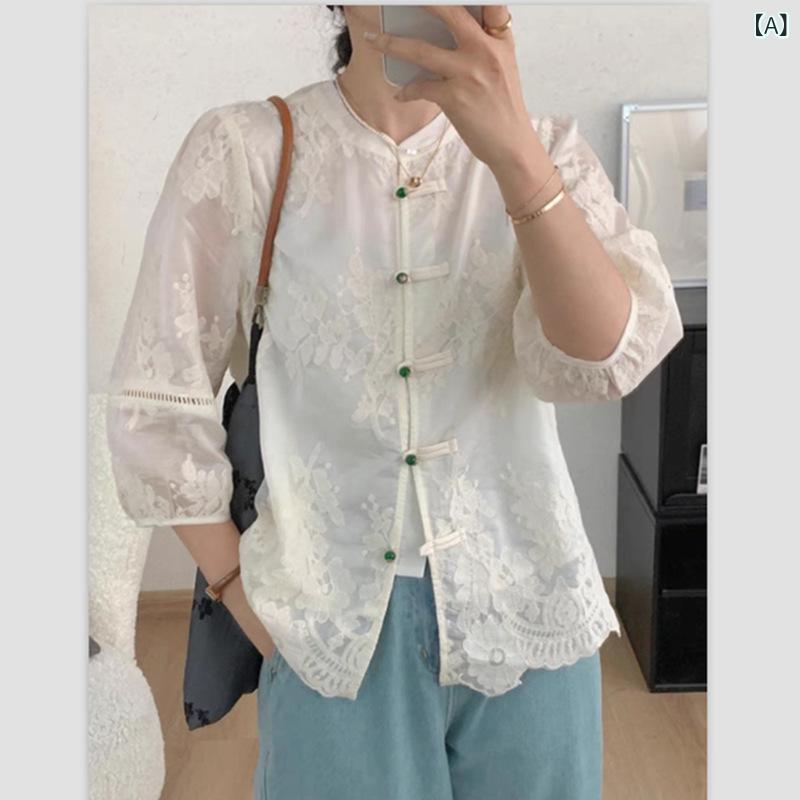 乐天商城 - シャツ 女性用 米白色 短袖 立領 盤ボタン 刺繍 綿麻 ポリエステル 切り替え ワイドシルエット 通勤 普段使い 快適 軽量 伸縮性 春夏 気質 かわいい 上品 トップス ブラウス 小衫 気楽 休日