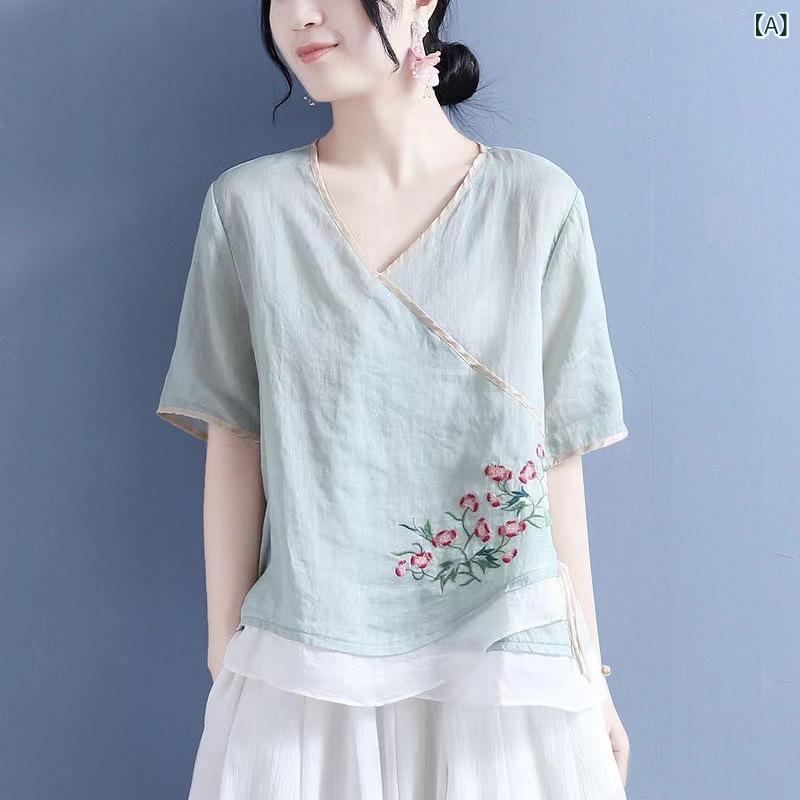 Tシャツ 女装 レディース 夏 春夏 苎麻 綿麻 接触冷感 Vネック 短袖 刺繍 印花 復古 国風 ゆったり ルーズフィット 通勤 普段使い 青緑 杏米 ピンク ベージュ イエロー かわいい 軽量 吸湿速乾