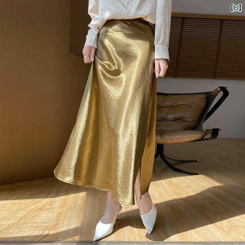 スカート 女性用 夏 通勤 ハイウエスト プリーツ フレア ミディ丈 ゆったり 気品 切り替え 伸縮性 アウトドア 再生繊維 ホワイト系 ゴールド系 シルバー系 レッド系 パープル系 ブラック 軽量 吸湿速乾