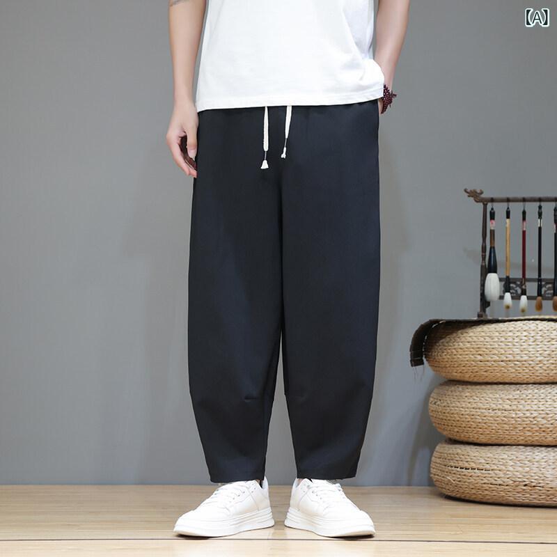 樂天商城 - メンズ 九分パンツ 接触冷感 灯笼パンツ クロッチドパンツ ワイドレッグパンツ ゆったりシルエット 中腰 マイクロストレッチ ブラック 卡其 ミリタリーグリーン ネイビー ブラウン 夏 春夏 休闲 普段使い 通勤 アウトドア 軽量 吸湿速乾 伸縮性 直筒
