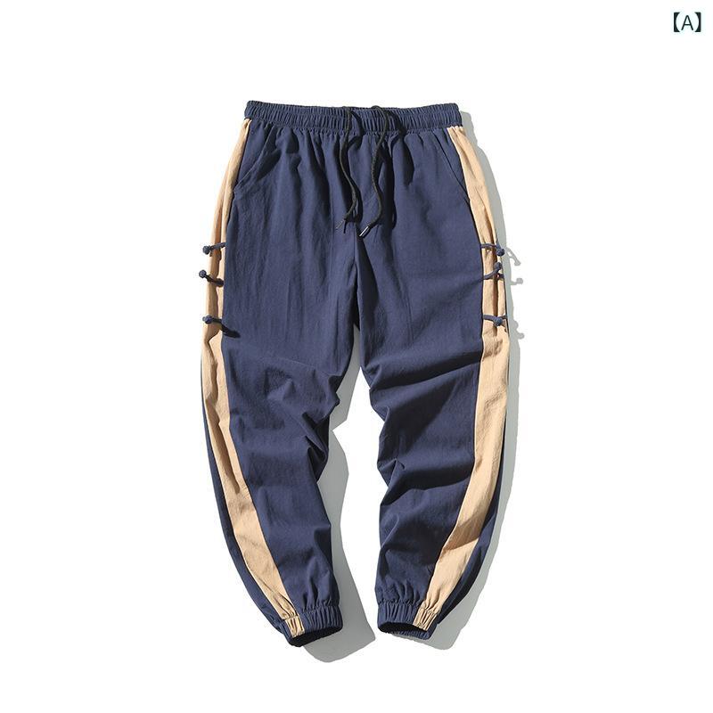 Rakuten - メンズ 麻 コットン ロングパンツ ストライプ 切り替え 束脚 ワイドレッグ 細脚 中腰 微弾性 軍緑 ブラック ネイビー 夏 春夏 カジュアル 普段使い 軽量 通勤 アウトドア