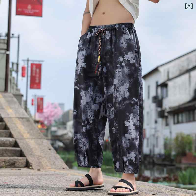 樂天商城 - 九分パンツ メンズ 夏 接触冷感 薄手 再生繊維 中国風 復古印花 プリント 柄 ワイドレッグ ルーズフィット 直筒 マイクロストレッチ 中腰 ドローストリング ブラック ホワイト 大きいサイズ 細脚効果 ゆったりシルエット 垂感 軽量 通気性 吸湿速乾