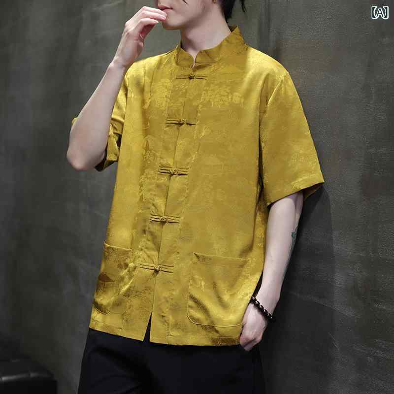 Rakuten - メンズ 中国風 立領 短袖 シャツ トップス 開衫 半袖 衬衫 ゆったり シルエット 青年 普段使い レジャー 黄色 緑色 春夏 夏季 綿混 吸湿速乾 軽量 通気性
