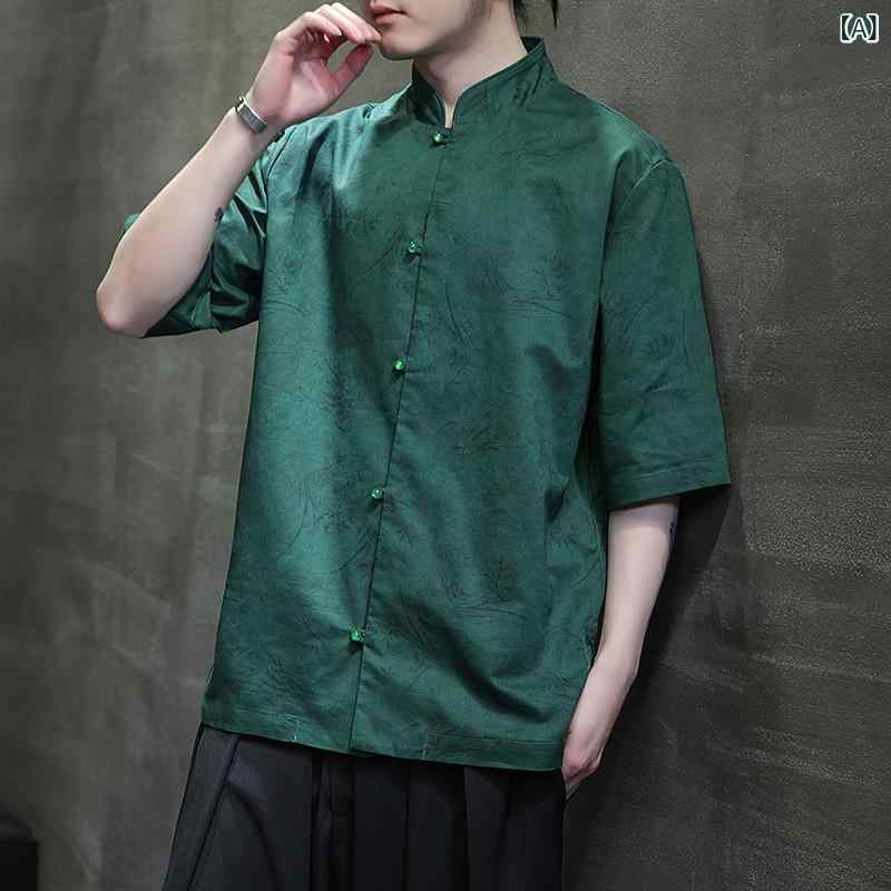 メンズ シャツ 唐装 中山装 薄手 綿麻 プリント 盤ボタン 立領 パールボタン 短袖 ルーズフィット 中国風 復古 レディース 緑 ベージュ カーキ 春夏 夏 休闲 通勤 普段使い 吸湿速乾 軽量