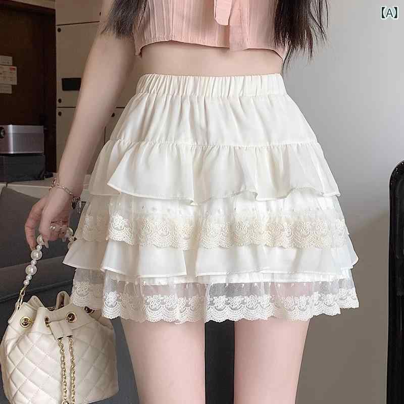 スカート 女性用 春夏 半身 短丈 Aライン 蓬蓬 ケーキスカート レース 花柄 フリル ポリエステル 中弾性 松緊腰 ハイウエスト 骨盤カバー スリム効果 かわいい 杏色 白 黒 街着 潮流 気質 軽量 シワ加工