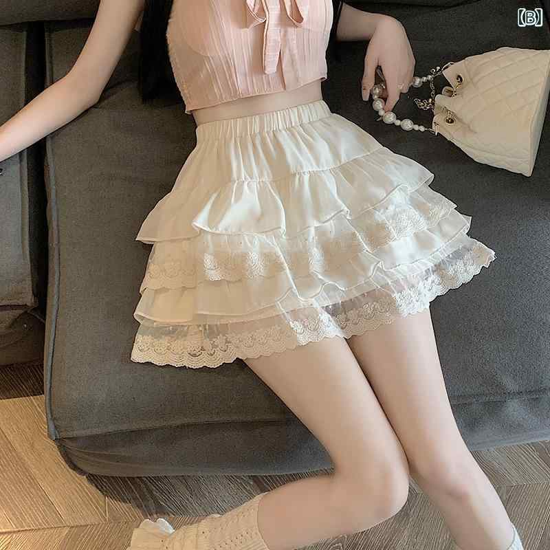 narukiのスカート 女性用 春夏 半身 短丈 Aライン 蓬蓬 ケーキスカート レース 花柄 フリル ポリエステル 中弾性 松緊腰 ハイウエスト 骨盤カバー スリム効果 かわいい 杏色 白 黒 街着 潮流 気質 軽量 シワ加工｜アングル2
