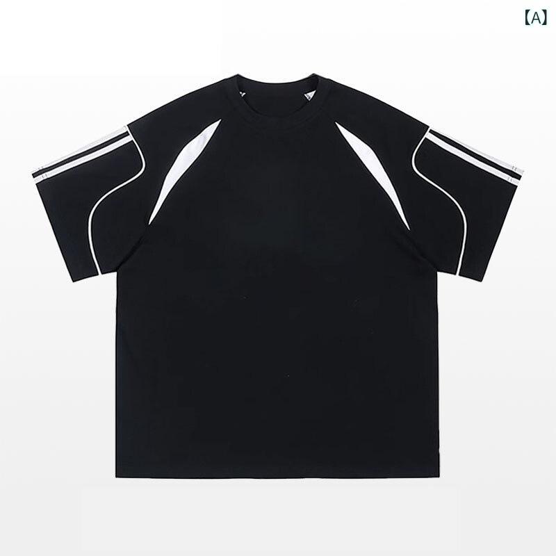 Rakuten - Tシャツ メンズ 男性用 青少年 灰色 ブラック 切り替え リボン プリント 幾何学柄 丸首 短袖 五分袖 ルーズフィット ポリエステル 涼しい 通勤 普段使い カジュアル 秋冬 春夏