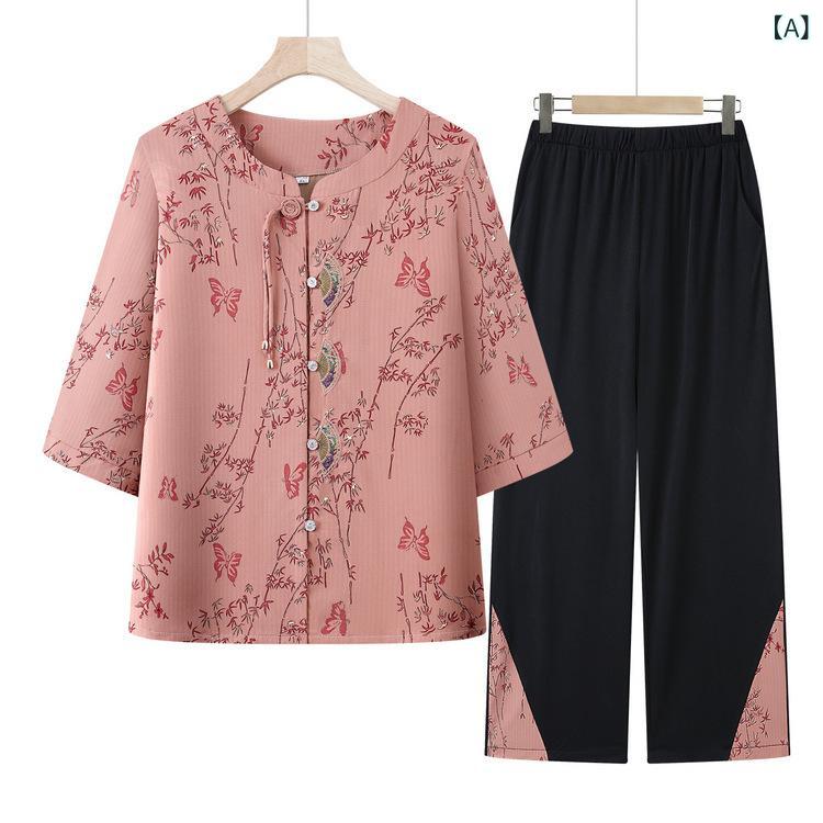 Other - シニアレディース 夏服 短袖 セットアップ トップス 開衫 ワイドパンツ 涤纶 薄手 ゆったりシルエット 桃花色 オリーブグリーン ミストブルー 花柄 刺繍 植物プリント 55歳以上 70代 おばあちゃん 母親服 普段使い 通勤 軽量 吸湿速乾