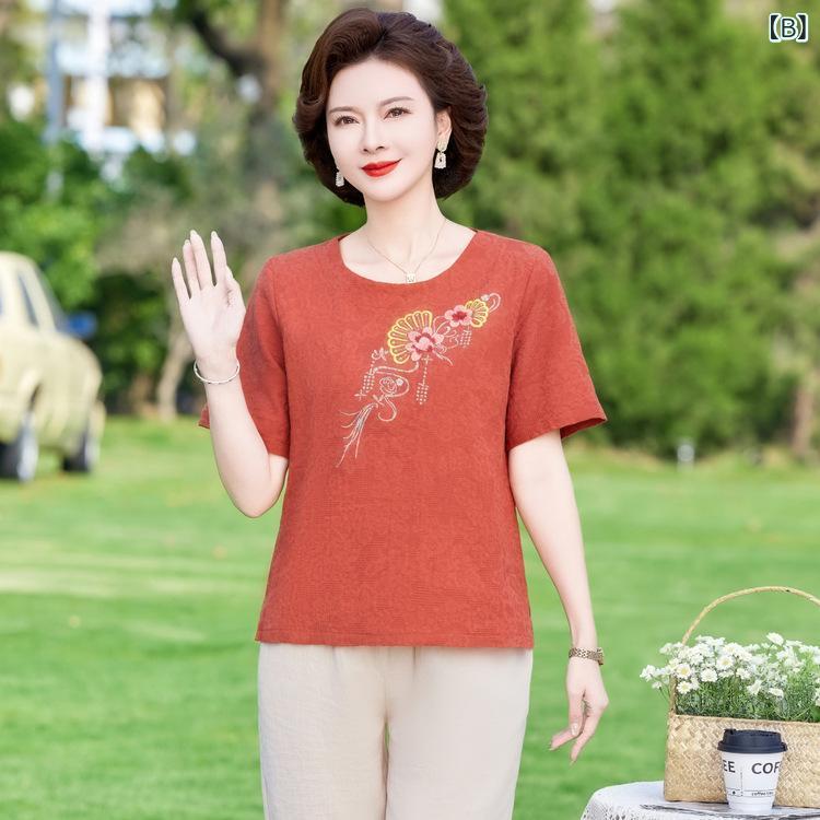 女性 シニア レディース セットアップ トップス 七分パンツ 短袖 刺繍 花柄 薄手 涤纶 直筒 セット 玫红色 橘色 ブルー 夏 春夏 かわいい 普段使い 軽量 シニアママ グランマ narukimar-10609358 naruki サンプル画像2