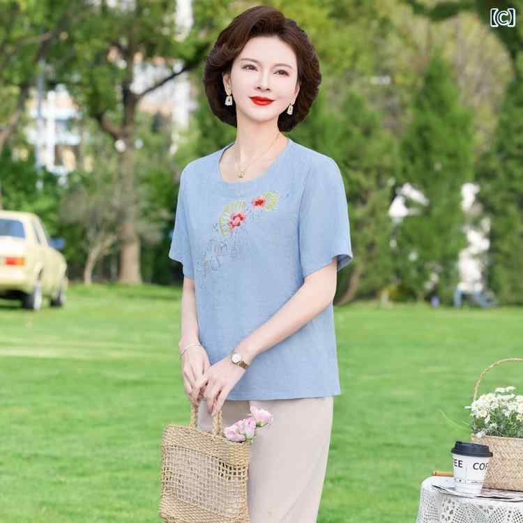 女性 シニア レディース セットアップ トップス 七分パンツ 短袖 刺繍 花柄 薄手 涤纶 直筒 セット 玫红色 橘色 ブルー 夏 春夏 かわいい 普段使い 軽量 シニアママ グランマ narukimar-10609358 naruki サンプル画像3