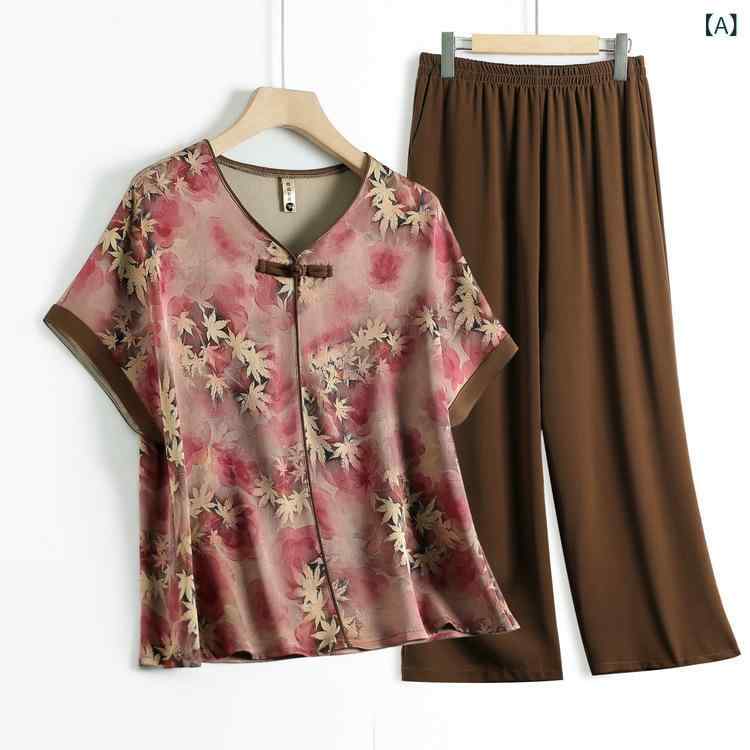 Other - 夏服 レディース 中年女性 セットアップ 短袖 トップス シャツ ワイドシルエット 涤纶 薄手 涼しい 植物花柄 クロシェ刺繍 赤 緑 ゆったり 夏 春夏 普段使い 外出 カジュアル