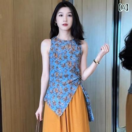レディース セットアップ 春夏 無袖 切り替え トップス ワイドパンツ セット 通勤 普段使い 気質 ブルー オレンジ 涤纶 PVC 軽量 伸縮性 イージーシルエット 爽やか セット コーデ
